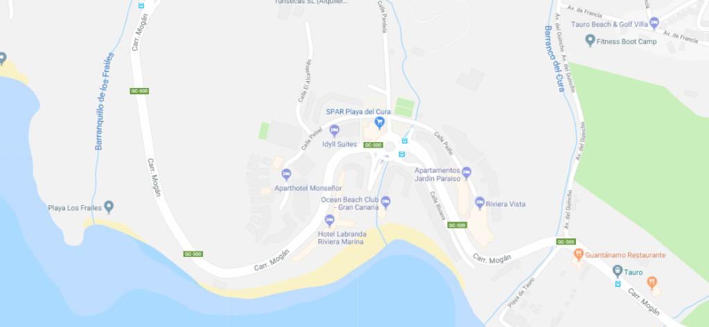 Google map of Playa del Cura beach and resort
