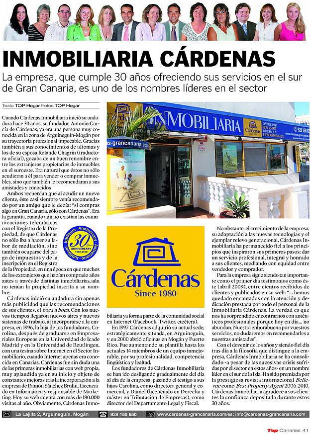 Cardenas Real Estate celebrates its 30 Anniversary Magazine Top