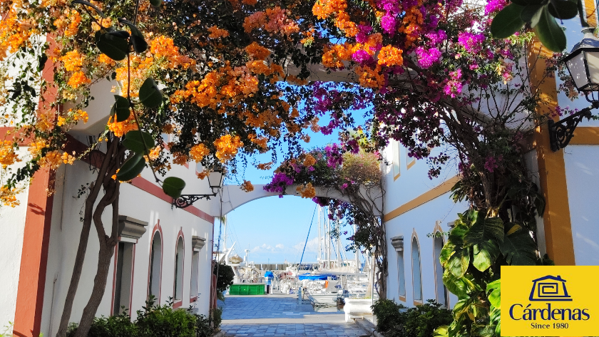 Vista del puerto a través de arco de flores