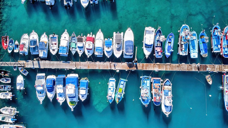 Arguineguín, Gran Canaria, aerial view from above of boats in the harbour