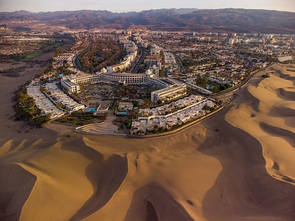 Aerial view of Playa del Ingles with the dunes