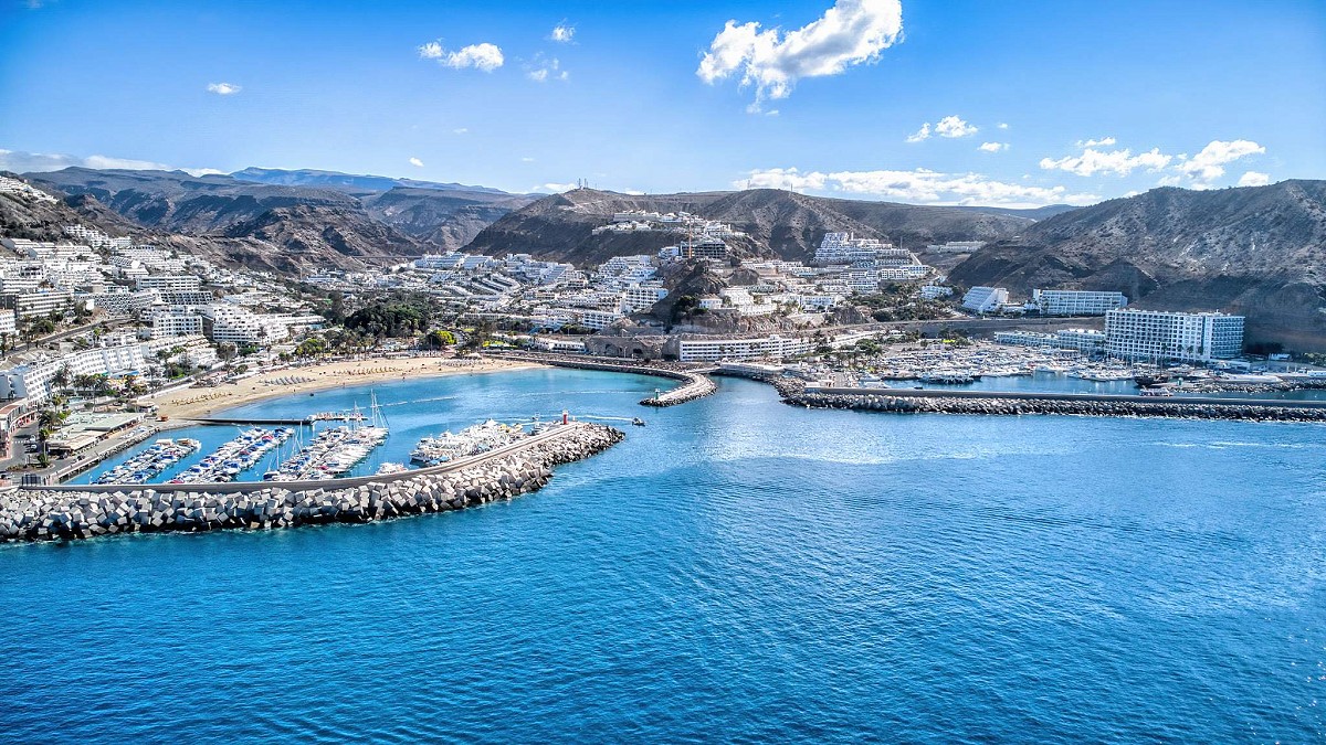 Puerto Rico, Gran Canaria, Luftaufnahme von Puerto Rico und Agua de la Perra