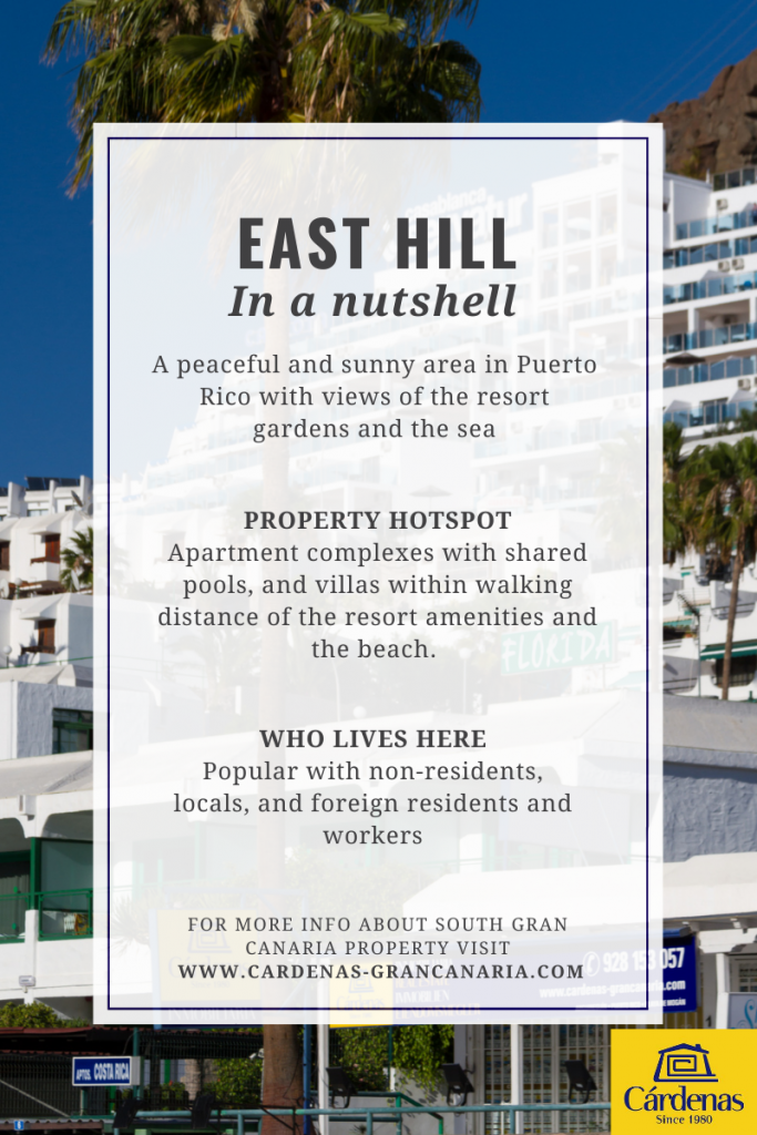 Infographic of the highlights of the East Hill property area in Puerto Rico de Gran Canaria resort